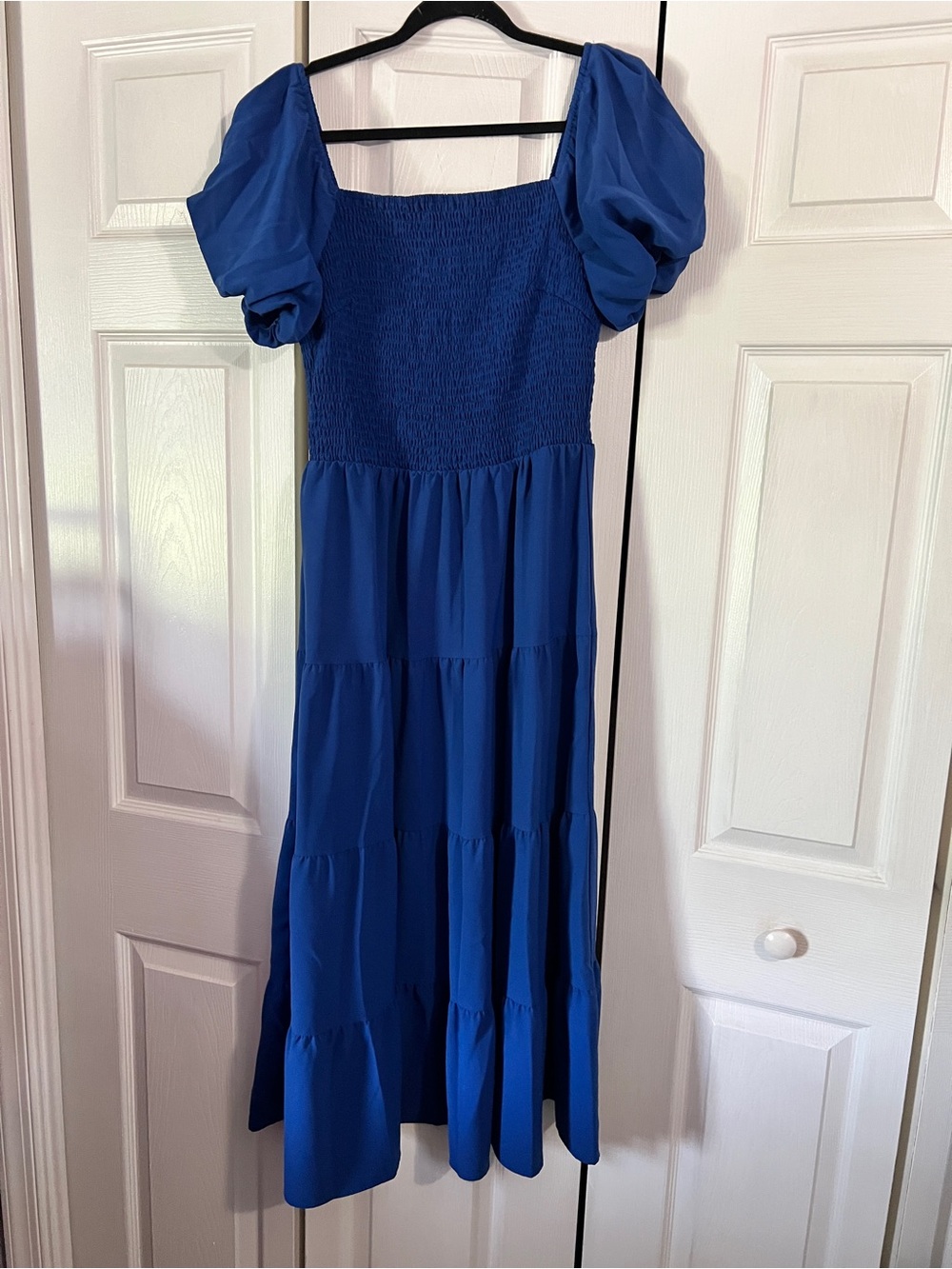 Royal Blue Puff-Sleeve Smocked Midi Dress - Women